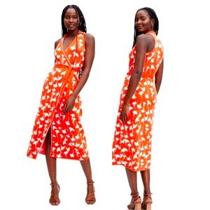 Diane Von Furstenberg Orange and White Printed Wrap Midi Dress